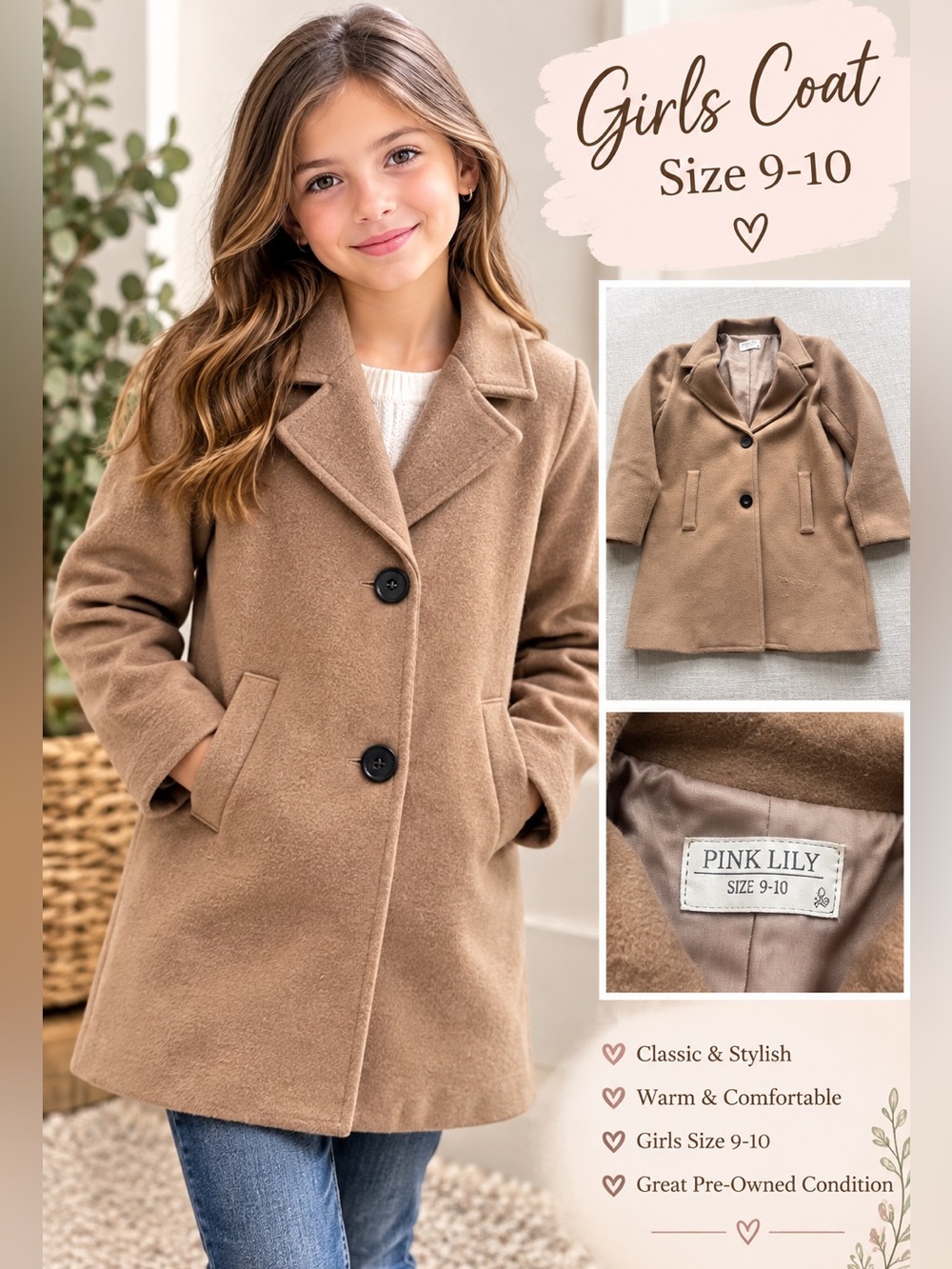 Girls’ Pink Lily Coat Camel Tan– Size 9–10